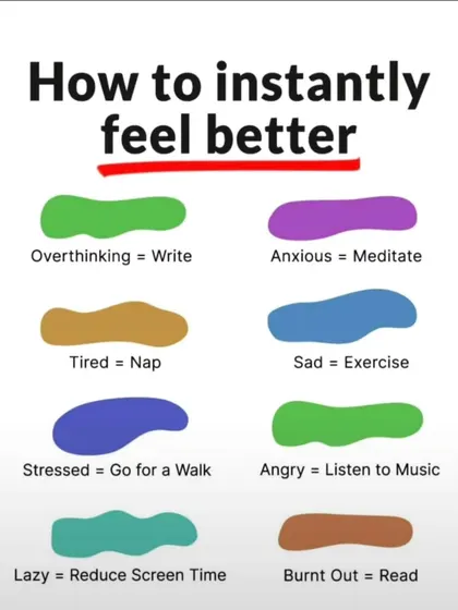 A simple, practical guide on "How to instantly feel better." Sometimes the solutions to our emotional states are straightforward: write when you're overthinking, meditate when you're anxious, and rest when you're tired.