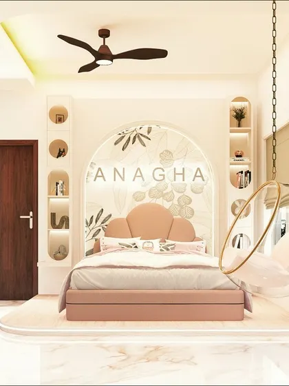 A dreamy room for a princess, with a custom blush-pink bed, a nameplate, and a whimsical hanging bubble chair.