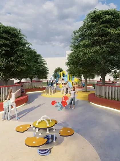 The children's play lane at New Baldwin School is designed with curved forms and colorful, safe surfaces to create a fun and engaging space for younger students.