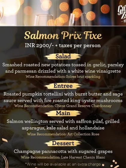 For seafood lovers, I created this Salmon Prix Fixe menu. The highlight was a Salmon Wellington, beautifully complemented by our Art Collection Rosé, followed by a delicate Champagne panna cotta.