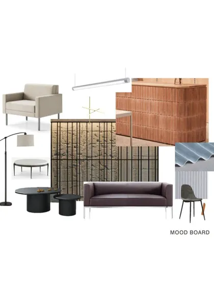 The mood board for the JIM Noida student housing reception. This collage of materials, furniture, and lighting fixtures helped define the industrial yet warm aesthetic of the space.