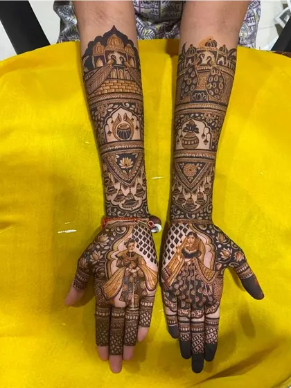 A full view of a stunning bridal design with couple portraits, palace scenery, and auspicious wedding symbols.