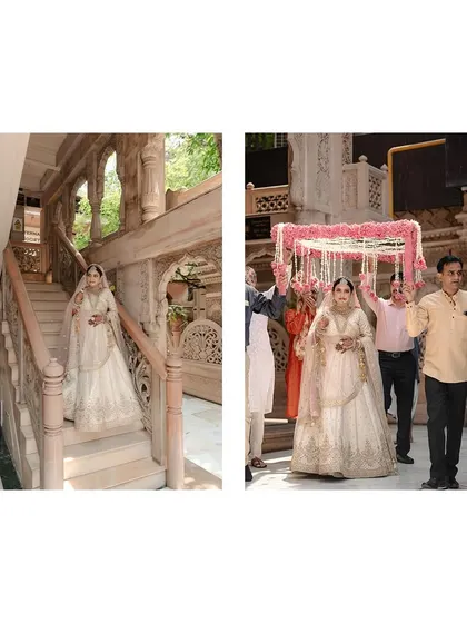 The bride's descent down the temple stairs, a graceful and poignant moment before she meets her groom.