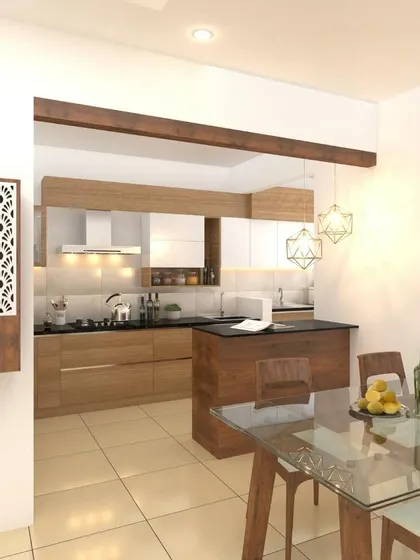A complete view of the kitchen and dining area from a 3D render, illustrating how an open-plan layout can work in a compact space.