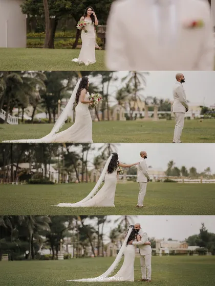 The story of a "first look" told in a four-part sequence, from the bride's approach to the couple's emotional embrace.