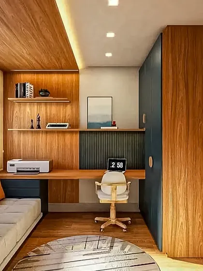 This multi-functional room serves as both a study and a guest bedroom. The design includes a built-in desk, a comfortable daybed, and a full-sized wardrobe, making it a highly efficient use of a small space.