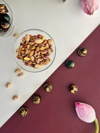 Celebrate Diwali with a sweet touch. My delicious, handcrafted bon bons are available in flavors like Chocolate Caramel, Saffron Crunch, and Pistachio Crunch.