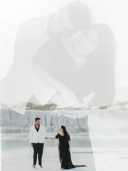 A creative double exposure blending a walking shot with an intimate embrace, resulting in a dreamy and artistic photograph.