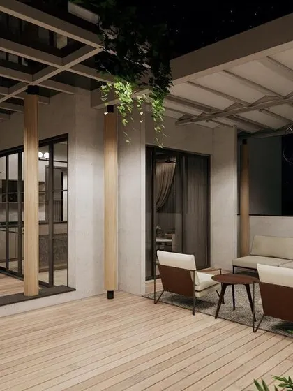 A terrace concept featuring an outdoor bar and kitchen area. The design uses a pergola structure and climbing plants to create a green canopy, making it a perfect space for evening get-togethers.