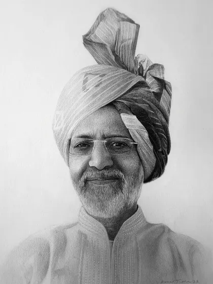 This is a solo portrait of my relative, Bhupendra Dada, wearing a traditional turban. It was part of a series of family portraits for their home.