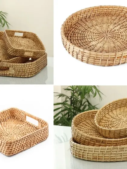 A collage displaying our variety of handwoven trays, available in both square and round shapes. These versatile pieces are perfect for serving, organizing, or as a base for gift hampers, each showcasing a unique weaving pattern.