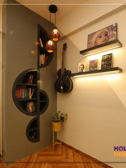 A still shot of the music and reading corner, showing the custom bookshelf, guitar mount, and comfortable lighting perfect for relaxing with a book or an instrument.