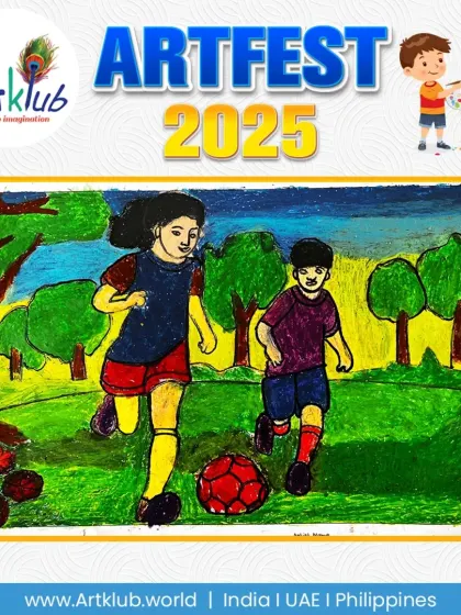 A junior artist's energetic drawing of two children playing football in a park. The sense of movement and joy is clearly visible in this colourful piece.