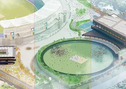 This aerial view shows the masterplan for the MCA International Clubhouse in Pune. My goal was to create a holistic campus experience, integrating a cricket stadium, practice pitches, and club facilities into the natural landscape, demonstrating how large-scale planning can foster both sport and community.