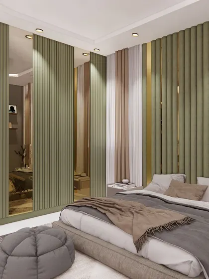 A 3D design for a bedroom in a calming sage green. The walls feature fluted panels with mirrored accents, and the wardrobe doors are designed to match, creating a cohesive and tranquil space.