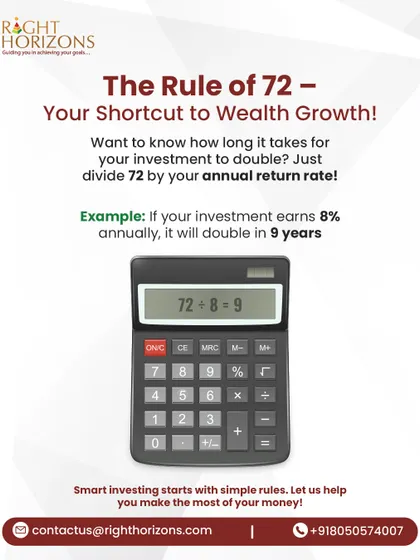 An infographic explaining the "Rule of 72," a simple shortcut to estimate how long it takes for an investment to double. We provide an example showing that an investment earning 8% annually will double in 9 years.