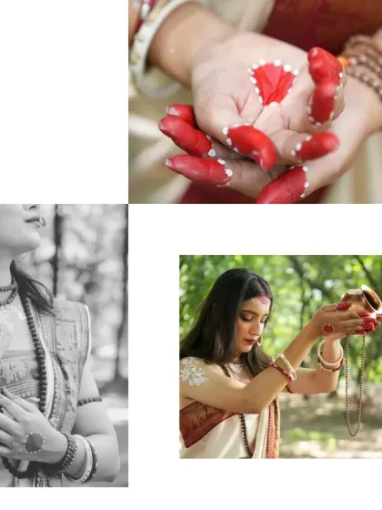 A collage showing the details of devotion, from the red alta-painted hands to a serene black and white profile, capturing the different facets of the Parvati-inspired shoot.