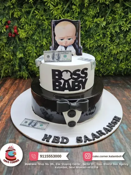 The center of attention for a Boss Baby themed party. This two-tier cake features the iconic character, a tuxedo design, and even edible money, all made by my partners at Cake Corner.
