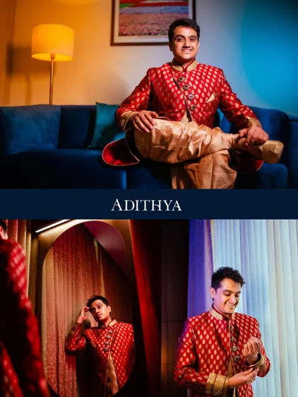 A collage of the groom getting ready, capturing his relaxed and happy moments before the ceremony.