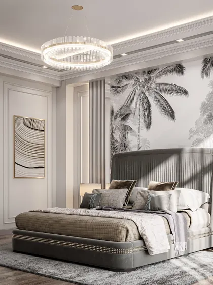 This angle shows how the room's elements, including the door and artwork, are integrated into the overall modern and clean aesthetic.