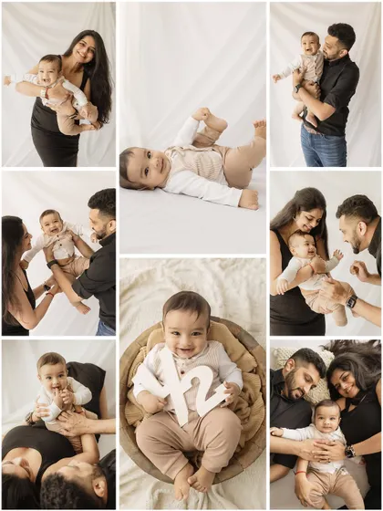 Six months in a series of smiles. This collage captures all the joy and variety of a half-birthday milestone session, from solo portraits to family fun.