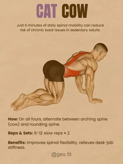 The Cat-Cow stretch is a fundamental movement for spinal health. Just five minutes of this daily can significantly reduce the risk of chronic back issues by improving spinal flexibility and relieving the stiffness that comes from sitting at a desk all day.