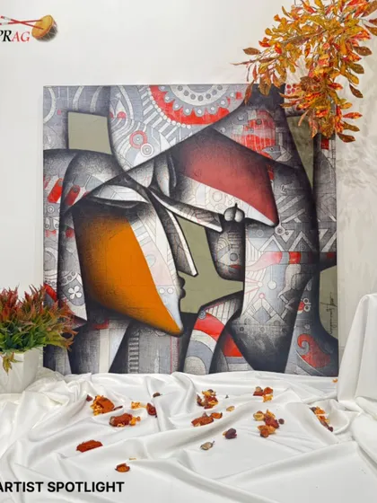 An artist spotlight on Jagannath Paul's work, staged beautifully to emphasize its emotional depth and striking composition.