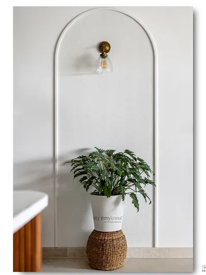 A minimalist detail of an arched wall molding with a simple brass and glass sconce. A potted plant in a wicker basket adds a touch of natural texture, creating a clean and serene corner.