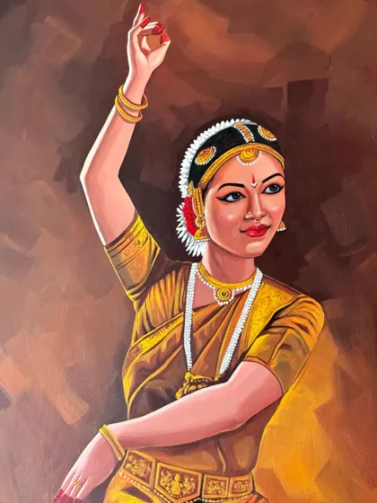 A detailed portrait of a Bharatanatyam dancer, captured mid-pose. I focused on the expressive face and the intricate details of the traditional costume and jewelry to convey the grace and emotion of this classical Indian dance form.
