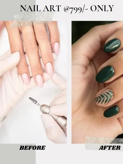 From a simple nude base to a chic dark green set with a delicate leaf accent nail. A perfect example of an elegant and stylish upgrade.