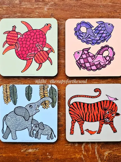 Four more coaster designs, showcasing turtles, fish, elephants, and a tiger. Each one is a miniature work of art.