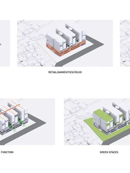 These diagrams illustrate the functional breakdown of our Bagmane co-living project. They show how we organized access points, retail, co-living units, and green spaces into a cohesive and highly functional mixed-use building.