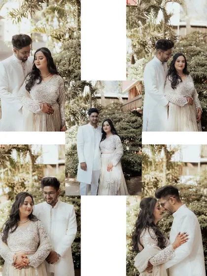 A large collage showcasing various romantic and formal poses from Nayan and Disha's engagement photoshoot in a garden setting.
