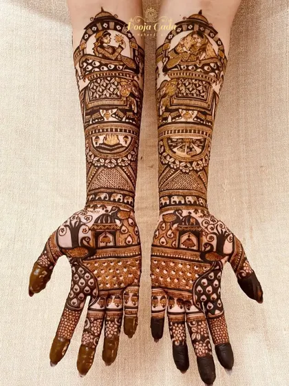 A beautiful bridal design featuring a bride in a doli on one hand and a groom on the other, surrounded by peacocks and elephants.