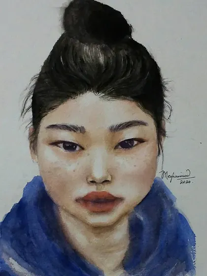 A watercolor portrait of a woman with her hair in a bun, focusing on capturing a subtle and realistic expression. I used minimal background to keep the focus entirely on her face.