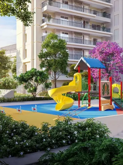 A colorful and safe children's playground nestled within the green space of an apartment complex. This rendering helps families visualize a key amenity for their kids.