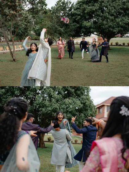A fun and candid collage of a couple playing with their friends during their engagement shoot. We love capturing the joy of the entire wedding party.