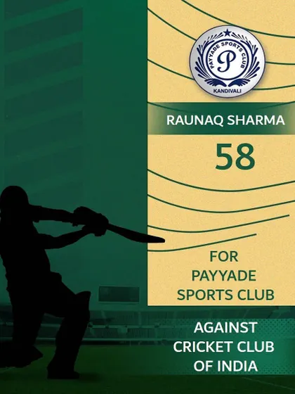 Raunaq Sharma scored 58 runs for Payyade Sports Club against the prestigious Cricket Club of India.