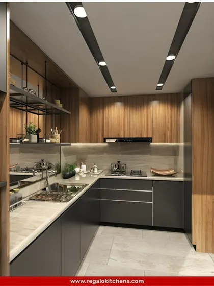 A compact L-shaped kitchen that blends dark grey and wood-textured cabinets. The design cleverly uses vertical space with open shelving and ensures a practical workflow, making it ideal for smaller homes or apartments.