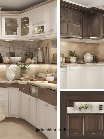 A closer look at the details in this classic kitchen. The combination of white and dark wood cabinets, marble countertops, and under-cabinet lighting showcases a perfect blend of old-world charm and modern convenience.