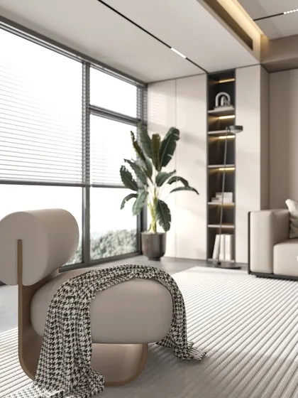 This image highlights a uniquely designed armchair with a curved wooden base and a classic houndstooth throw. Set against a large window with clean blinds, it’s a perfect spot for enjoying natural light in a thoughtfully designed, minimalist space.