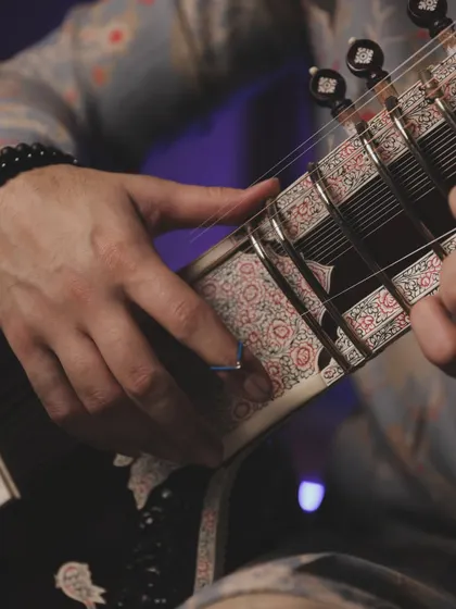 A close-up on the intricate artwork of my sitar and my hand position while playing.