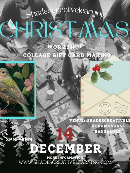 Get into the festive spirit with our special Christmas workshops. This flyer announces our collage gift card making session, a perfect opportunity to create personalized, handmade greetings for your loved ones.