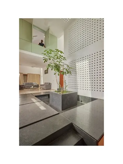 Inside the Vikas Residence, a central courtyard with a single tree creates a focal point for the home. The space is designed with multiple levels and openings, allowing views across the courtyard from different parts of the house and fostering a sense of connection.