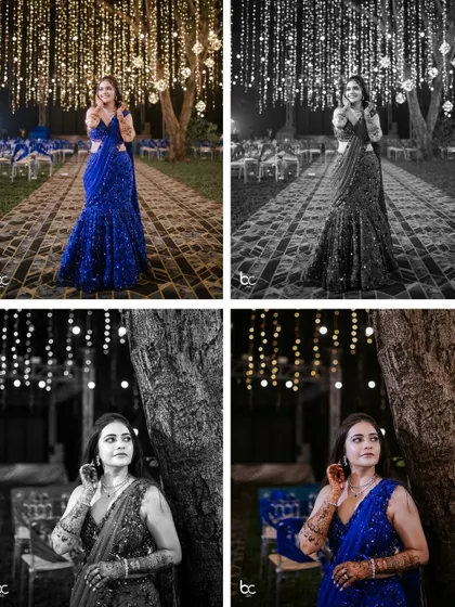 A creative look at bridal portraits, showing the same poses in both vibrant color and timeless black and white to highlight different moods.