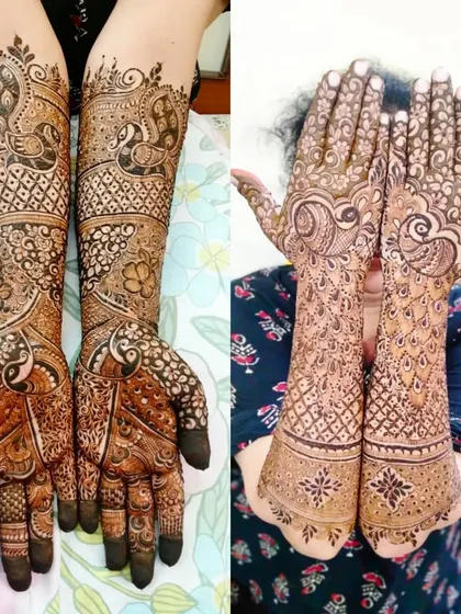 Another view of the beautiful peacock-themed engagement mehendi, showing the fresh paste and the final stained result side-by-side.