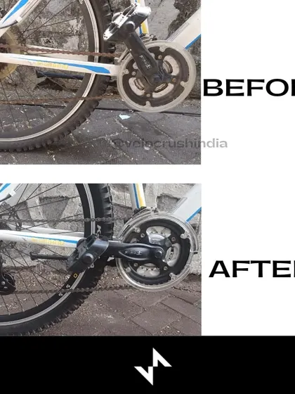 A detailed view of the crankset transformation on the Kross MTB. We degreased the chainrings and installed a new chain, ensuring efficient power transfer with every pedal stroke.