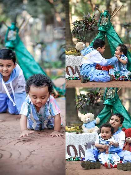This collage features several shots of two brothers playing in and around a small tent during their outdoor session. It tells a story of their adventurous and playful bond.