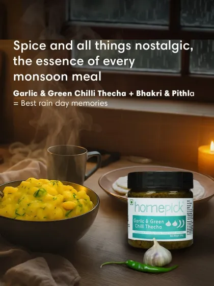 Bring back rainy day memories with the classic Maharashtrian meal of Bhakri and Pithla, made even better with our spicy Garlic & Green Chilli Thecha. It's nostalgia on a plate.