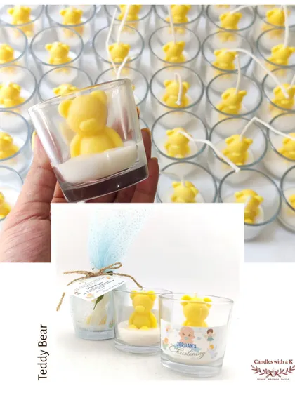 A collage showing the teddy bear votive jar candles, both individually and packaged, highlighting their charm as baby shower return gifts.